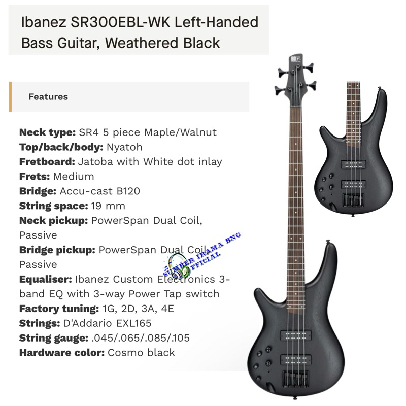 IBANEZ SR300EBL LEFT HANDED ELECTRIC BASS GUITAR 4 STRING