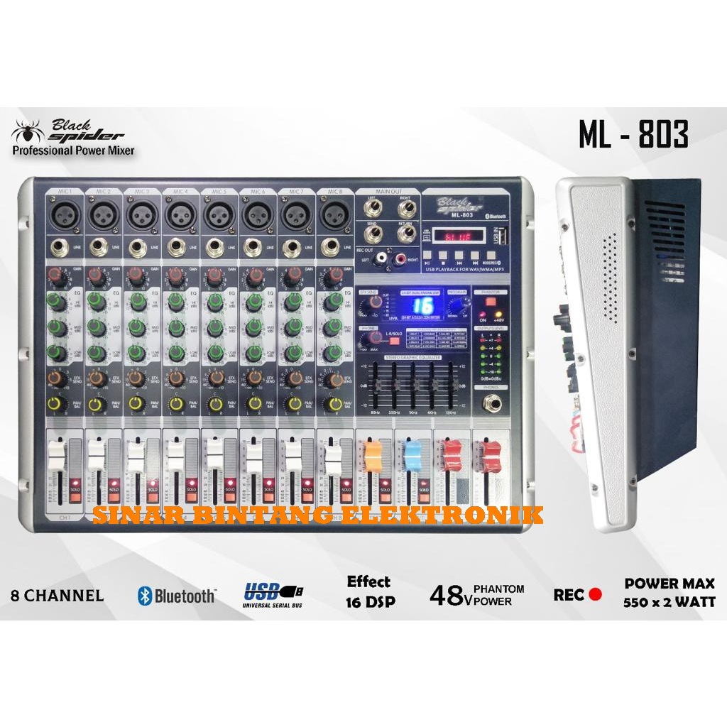 Power Mixer BlackSpider ML803 8channel Bluetooth - power mixer blackspider ML 803