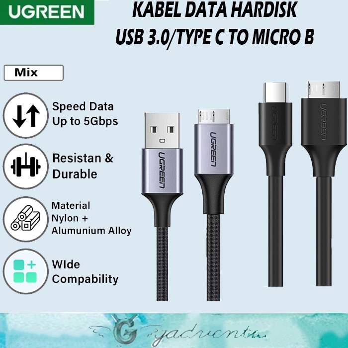 UGREEN Kabel Data Hardisk USB C To Micro B dan USB 3.0 To Micro B HDD Hard Disk Transfer Data Untuk 