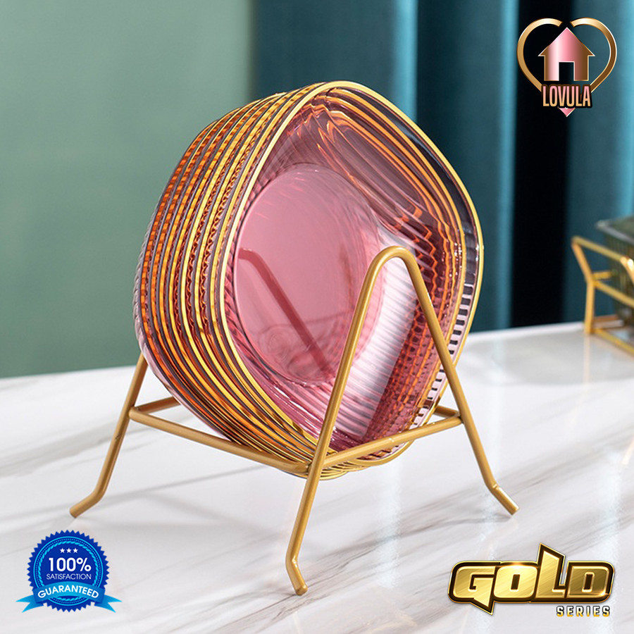 Piring Transparant Emas Nordic Gold Set Rak + 8 Pcs - PREMIUM QUALITY