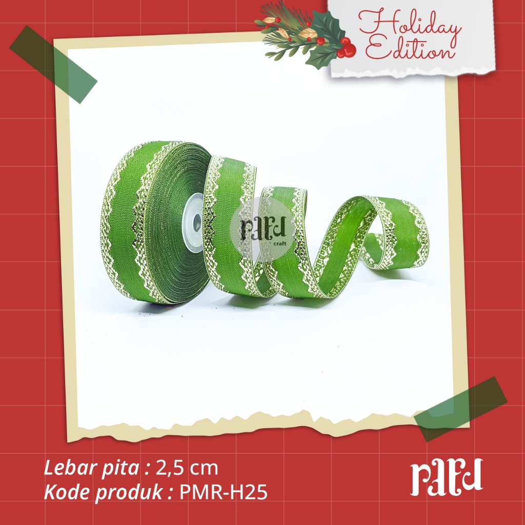 

RC-Pita Natal|Pita Motif Renda|Pita Kado/Hampers|PER 1 YARD (90cm)|Lebar 2,5 CM|Hijau Emas