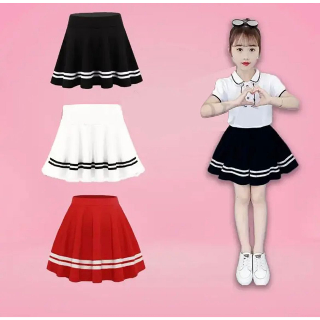 ROK ANAK PENDEK PEREMPUAN ROK LIST PUTIH 2-8 TAHUN BAHAN SCUBA ROK MINI ANAK JEPANG HITAM PUTIH MERA