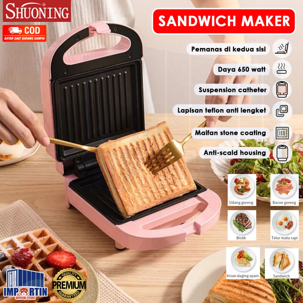 Shuoning Sandwich Maker Pemanggang Roti Toaster Anti Lengket Low Watt Garansi 1 Tahun/ Shuoning Pema
