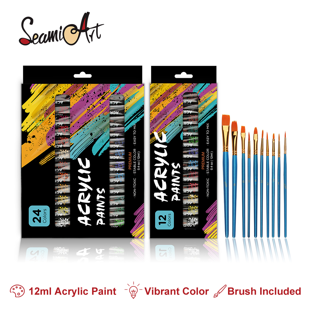 

SeamiArt 12 24color Acrylic Paint Set 12ml Tube Acylic with 10pcs Painting Brush Cat akrilik 12 24 Warna