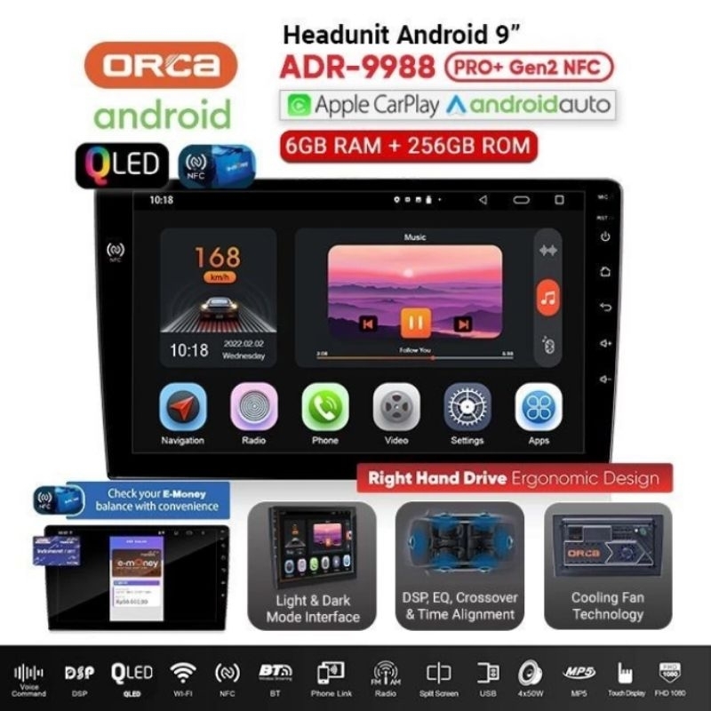 Headunit Android 9 Inch ORCA PRO+ G2 ADR-9988 Ram 6/256GB QLED NFC