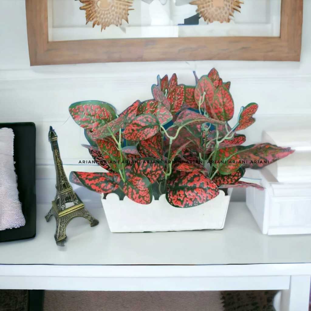 ARIANI1318 SET BUNGA PLASTIK DAUN DAUNAN DENGAN POT PLASTIK PAGAR BESAR