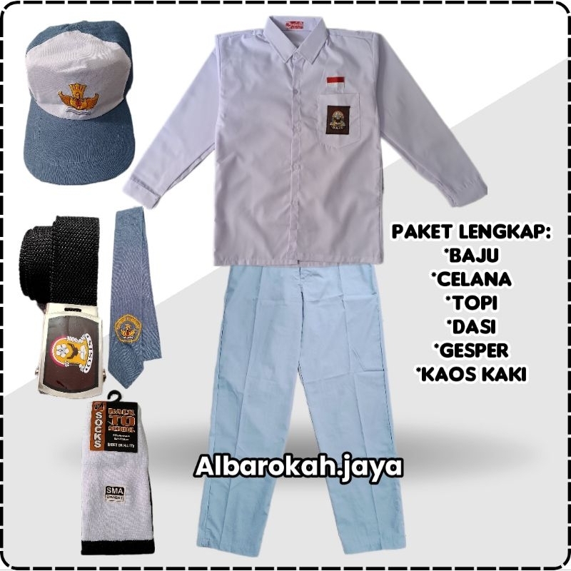 setelan lengkap  seragam sekolah SMA putih abu baju panjang  celana panjang super lengkap anak laki 