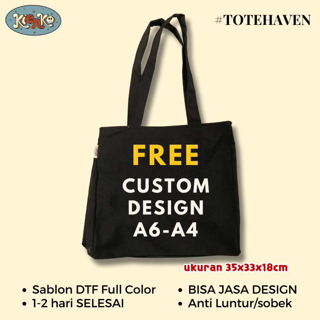 ToteHeaven Polos / Tote bag Resleting Kanvas Polos Besar Warna Hitam / Tote Bag Custom / Totebag / T