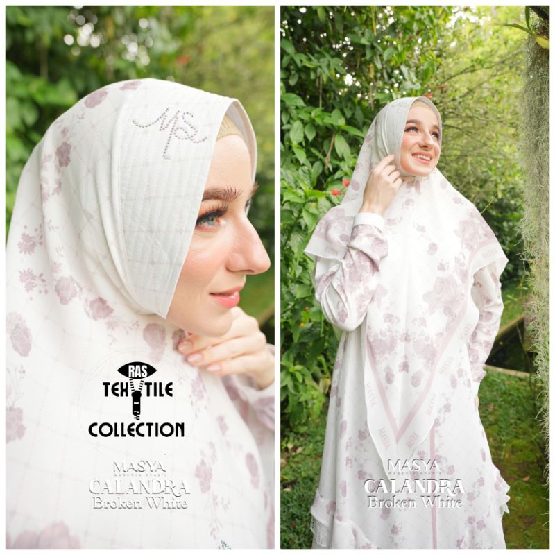 Set Gamis Dress Ceruty Babydoll Printing Premium Syari Warna Putih Broken White Mewah Masya Syari Or