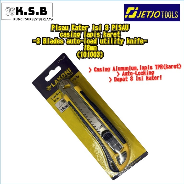 

(101003) Pisau Kater / Cutter isi 3 pisau body lapis karet (AUTO LOAD) 18mm/ 3 blades auto-load utility knife JETJO TOOLS/ lakoni