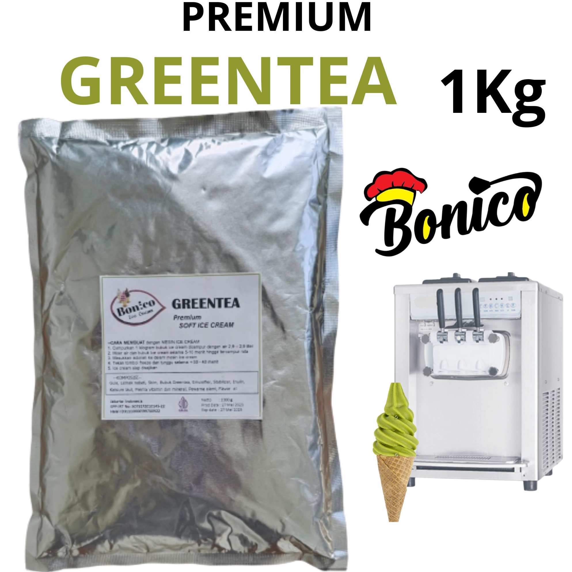 

PAKET LENGKAP>>> BONICO GREENTEA SOFT ICE CREAM POWDER 1kg PREMIUM RESTO bubuk es krim mesin lembut Teh Hijau cone frizco