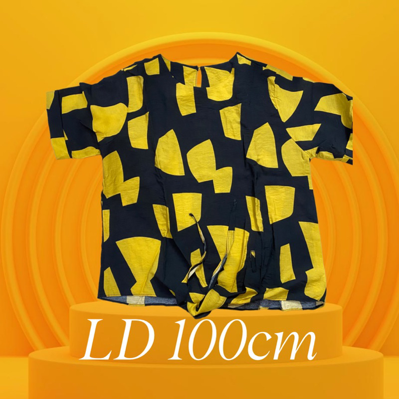 baju blouse blus tangan pendek ada tali di bagian pinggang motif kuning hitam wanita perempuan jumbo