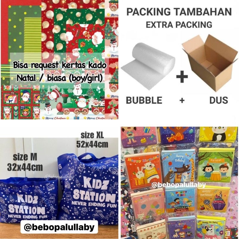 

[WAJIB CHAT ADMIN DULU] TIDAK DIJUAL TERPISAH Extrapack bubblewrap dus tambahan kantong Kidz station kartu ucapan kertas kado anak paperbag extra DUS natal