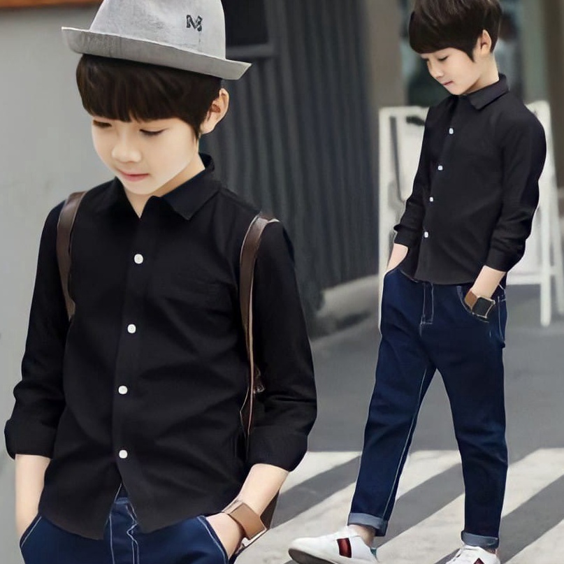 Baru Kemeja Polos Hitam Anak Laki Laki Lengan Panjang /Kemeja Anak Laki Lengan Panjang Polos / Baju 