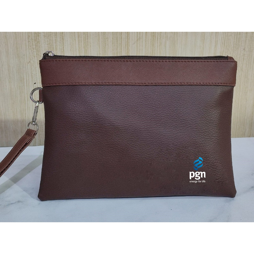 Handbag V2 Full Coklat Custom Logo PGN Pertamina Gas Negara / Dompet Kulit Premium / Tas Tangan Clut