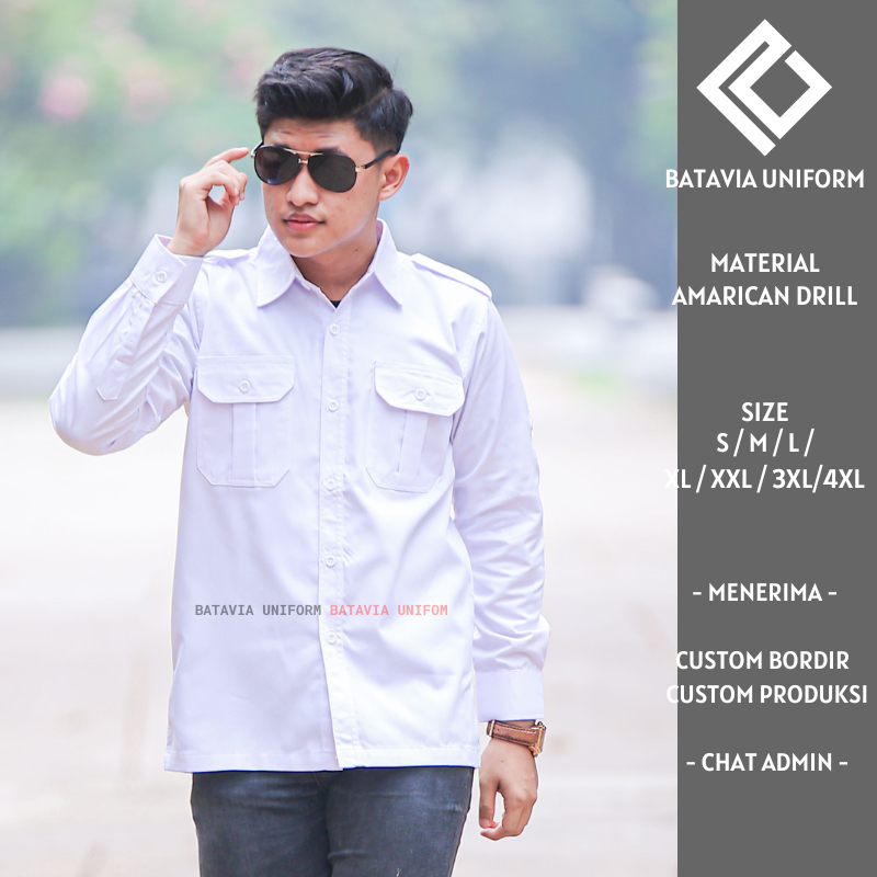 Baju PDL Pria Lengan Panjang - Kemeja Seragam Kerja Dinas Lapangan PDL PDH Putih Bahan American Dril