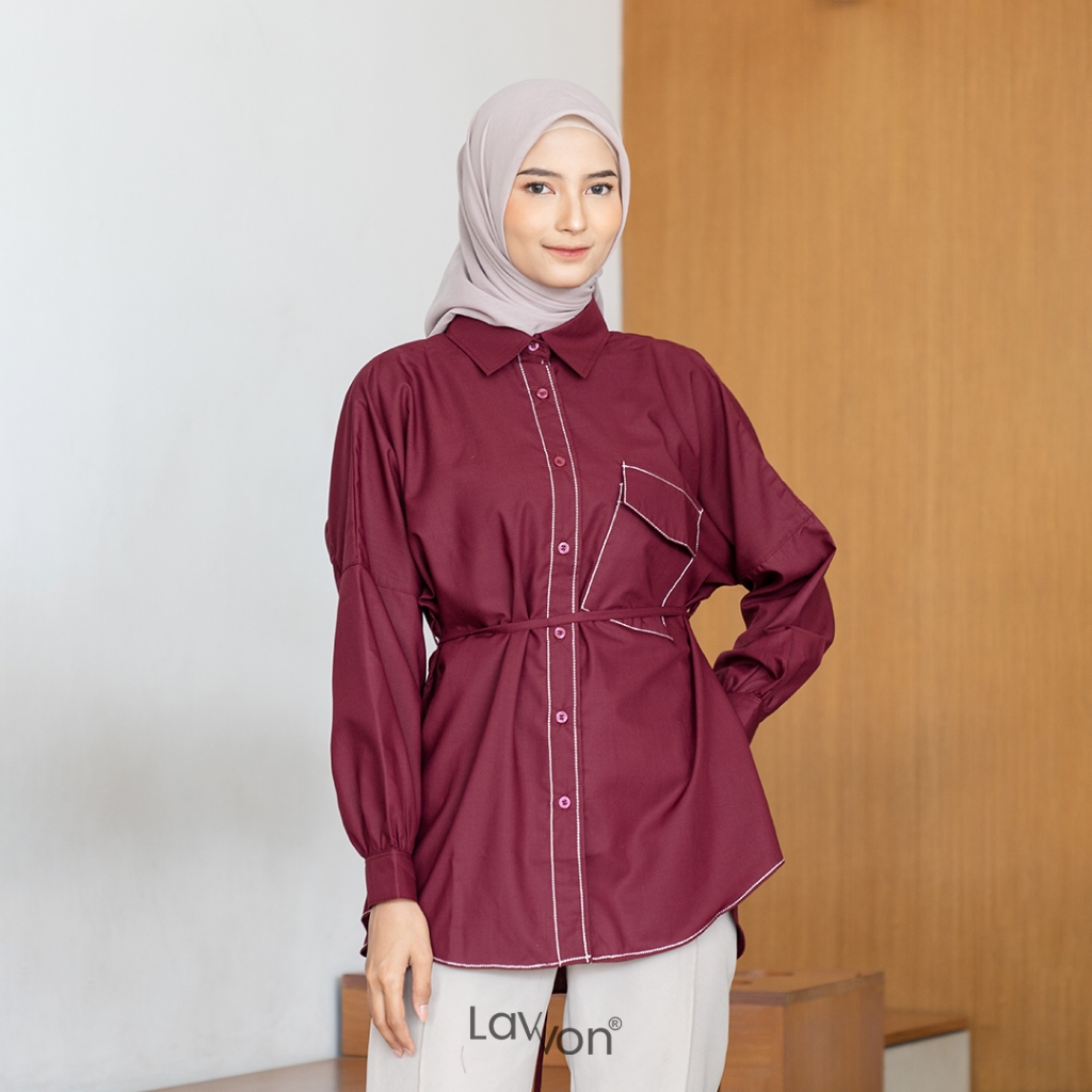 BELLE BLOUSE Maroon Atasan Wanita Kerja Kekinian Multifungsi Original By Lavvon