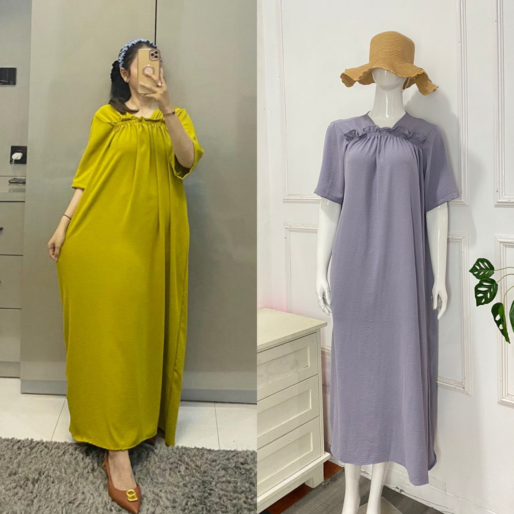 MIDI HOME DRESS JUMBO WANITA / BAJU DASTER KEKINIAN TERBARU SERUT DADA CRINKLE AIRFLOW POLOS REMAJA 