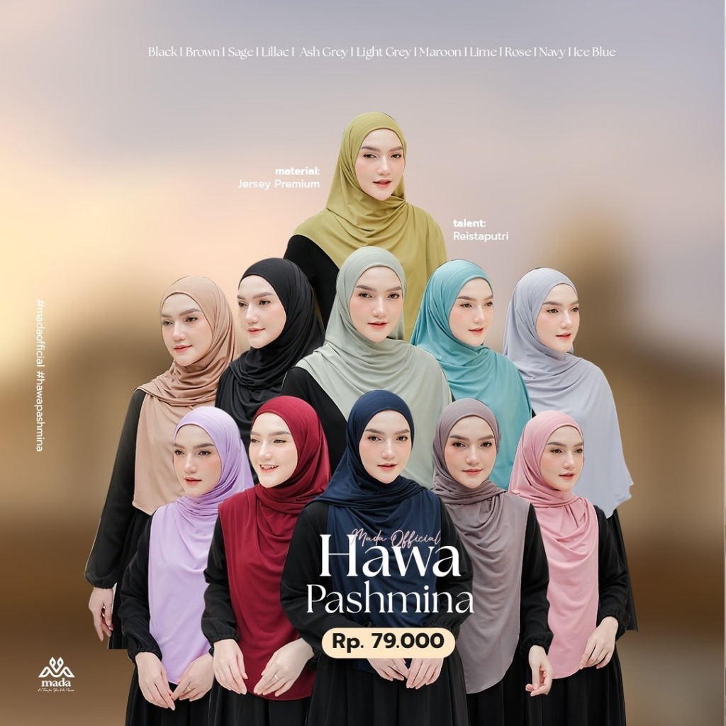 PASHMINA POLOS HAWA PASHMINAH ORIGINAL BY MADA HIJAB KERUDUNG JILBAB BAHAN JERSY PREMIUM WARNA HITAM