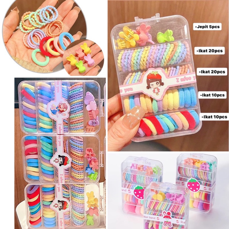 Ikat Rambut mini Fullset Box isi 65Pcs motif lucu lengkap Mix Warna Warni Ikat rambut Fashion Anak