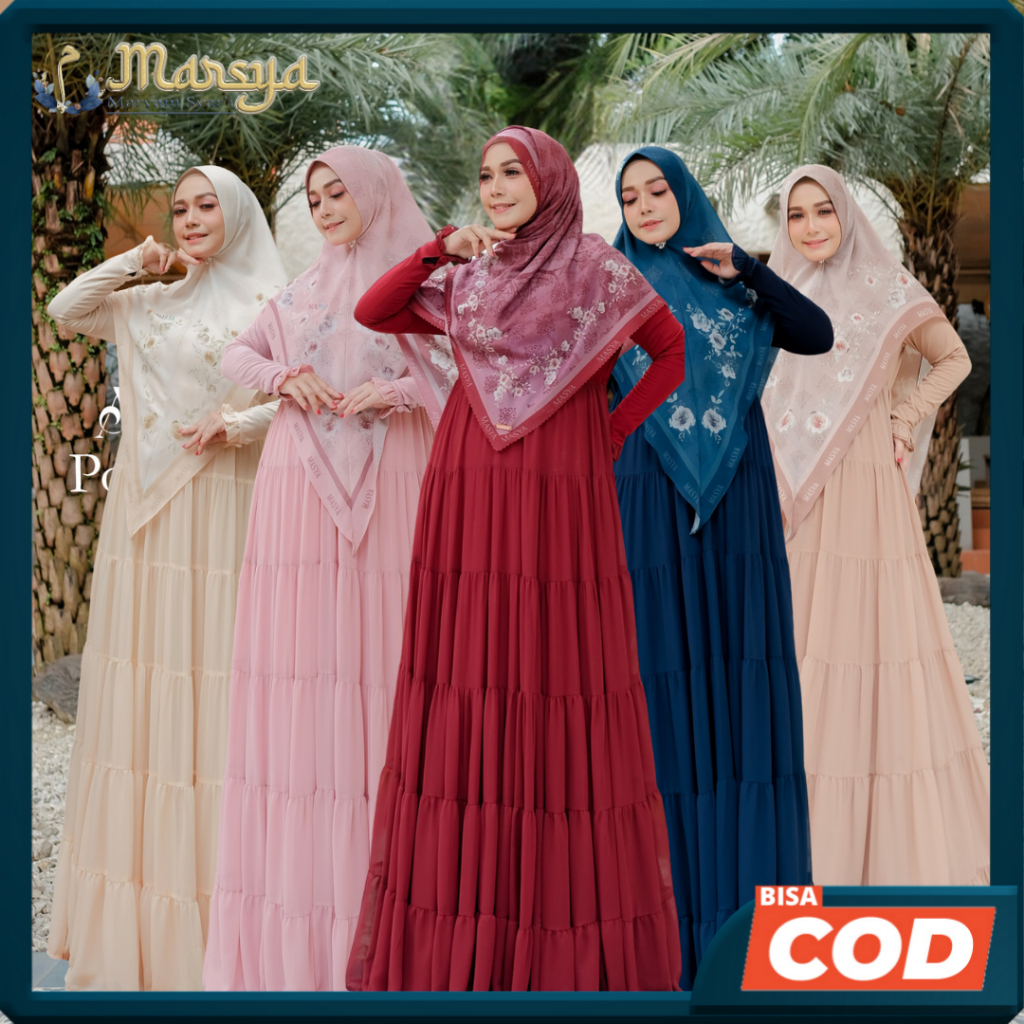 Set Gamis Dress Ceruty Babydoll Printing Premium Syari Branded Navy - Coklat - Kuning - Merah Maroon