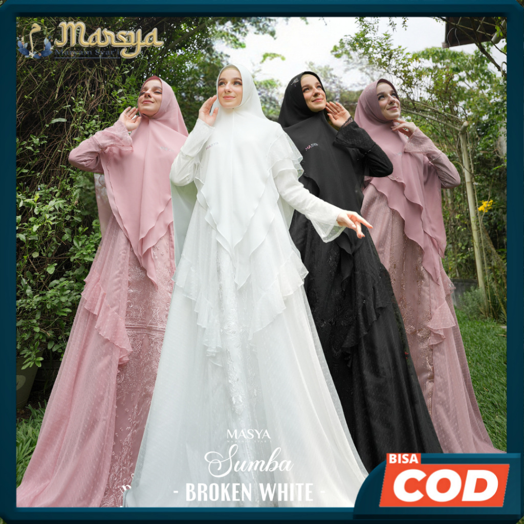 Gamis Gaun Dress Brukat Brokat Modern Tile Tulle Pesta Mewah Branded Premium Syari Muslimah Putih - 