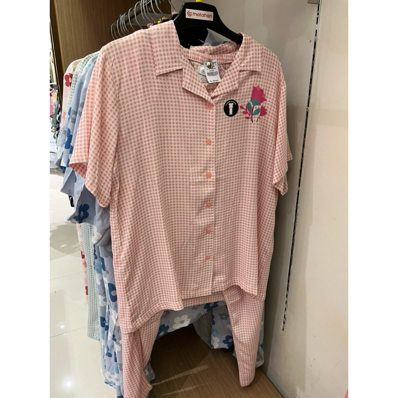 Piyama set cewek atasan lengan pendek celana panjang pink ori nevada