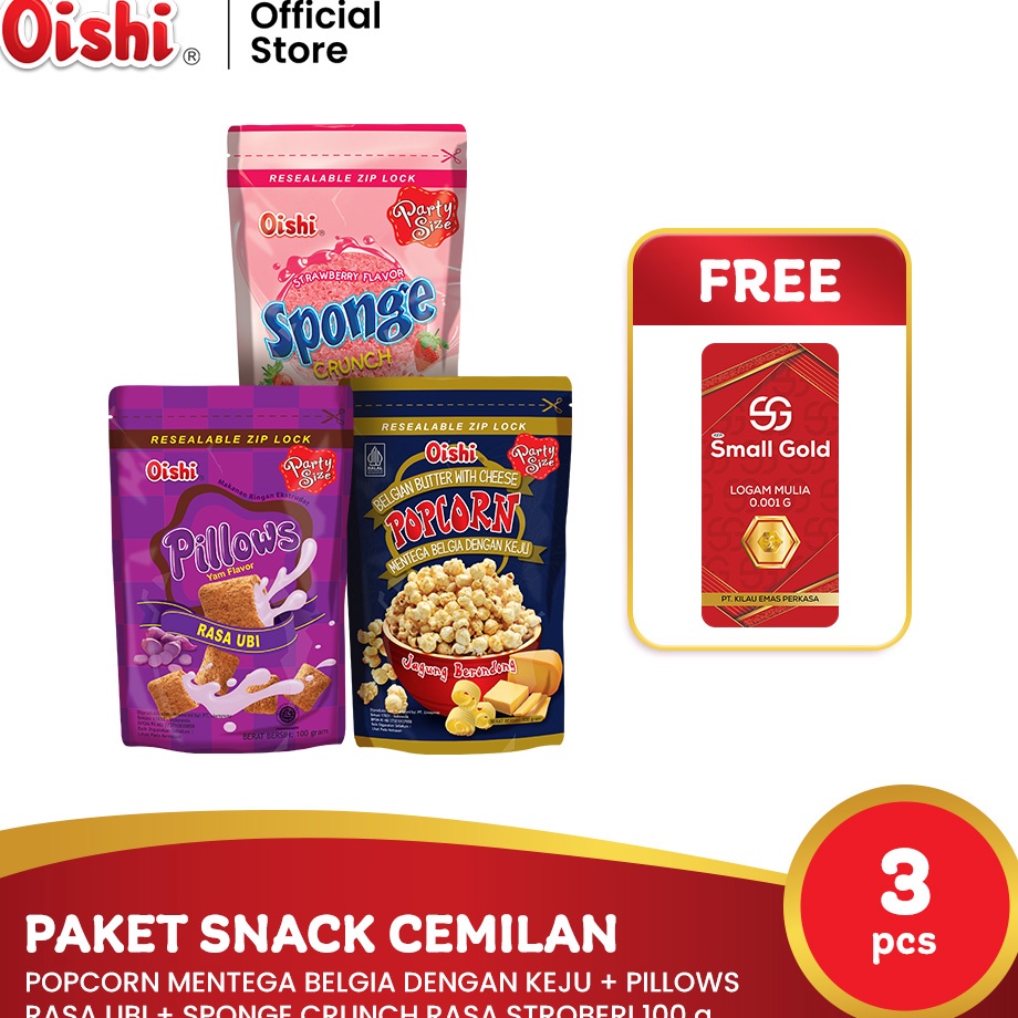 

Diskon Heboh Oishi Paket Snack Cemilan [100 gr x 3 pcs] FREE Mini Gold - Makanan Ringan Popcorn Mentega Belgia Keju + Pillows Ubi + Sponge Stroberi