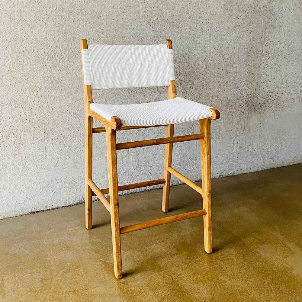 Nadia Barstool Kursi Bar Kayu Jati Anyaman Rotan White