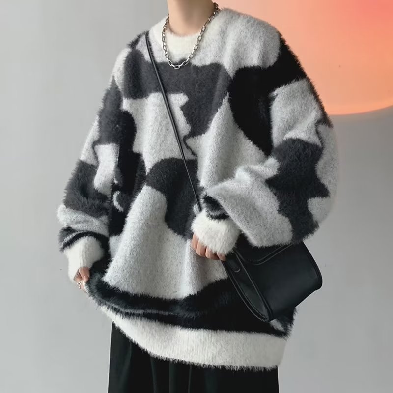 Sweter Pria Sweter Rajutan Pria Lengan Panjang, Pakaian Pasangan Trendi Musim Gugur dan Musim Dingin