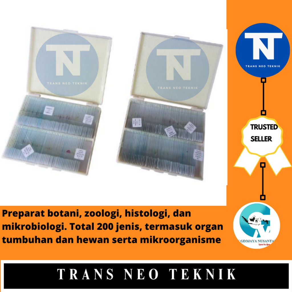 Preparat botani, zoologi, histologi, dan mikrobiologi. Total 200 jenis, termasuk organ tumbuhan dan 