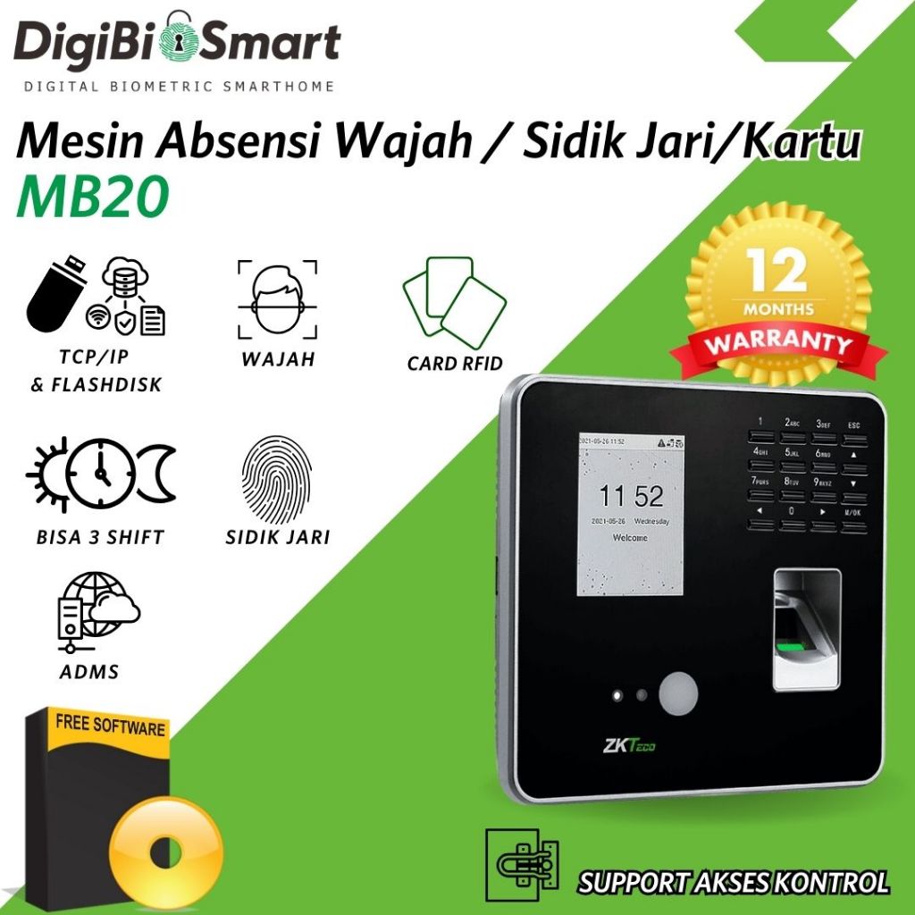 Mesin Absensi Wajah Sidik Jari Kartu MB20VL ZKTeco Faceprint ADMS Tarik Data Online