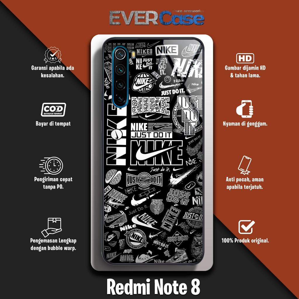 (EV99) Softcase Glass Xiaomi Redmi Note 8, 8 PRO SERIES Nike Case Kaca- CASE PREMIUM - CAMERA PROTEC