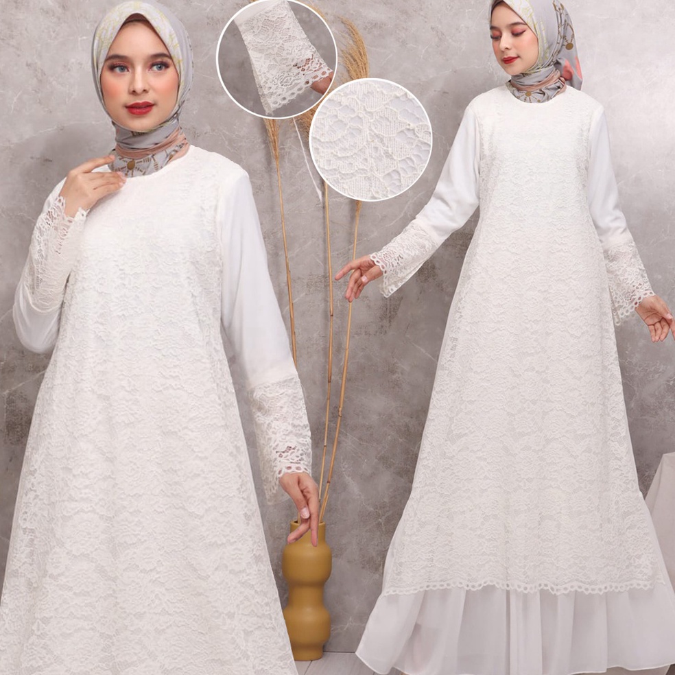 Top Sale.. KKUM OFFICIAL Gamis Putih Baju Lebaran Umroh Haji Busana Muslim Hijab Dress Brukat AGNES 