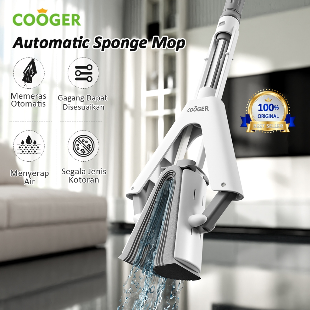 COOGER Alat Pel Lantai Spons Menyerap Air Lebih Baik Automatic Sponge Mop Spons Mop Dengan Pengering