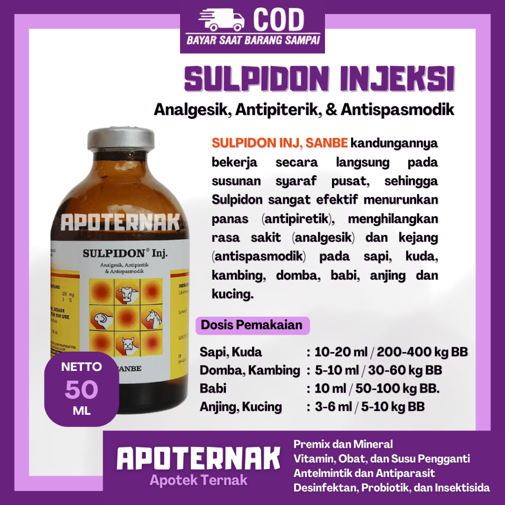SULPIDON Injeksi 50mL - Obat Nyeri Analgesik Demam Antipiretik & Kejang Otot Antispasmodik Sapi Kamb