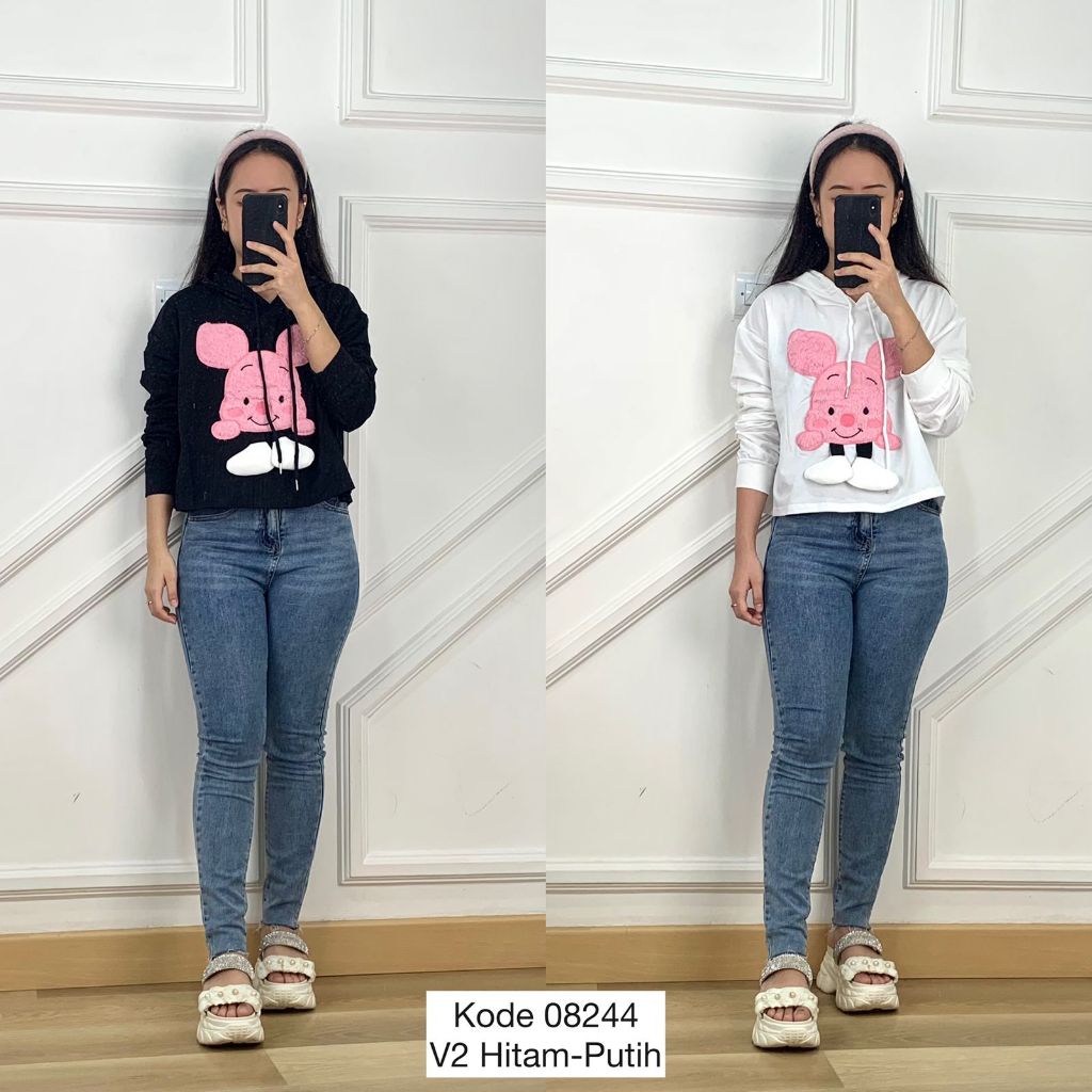 08244 SWEATER HOODIE CROP RABBIT HEAD AND BUNNY FUZZY MOTIF 3D TIMBUL TANGAN PANJANG PREMIUM WANITA 
