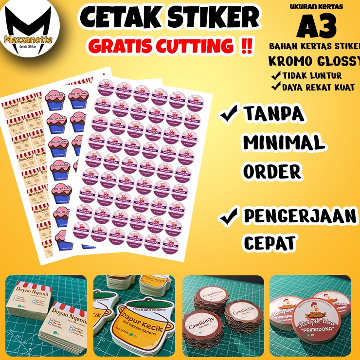 

Cetak Stiker (TANPA MINIMAL ORDER) Label Kemasan Print dan Cutting Bahan Stiker Kromo ukuran A3