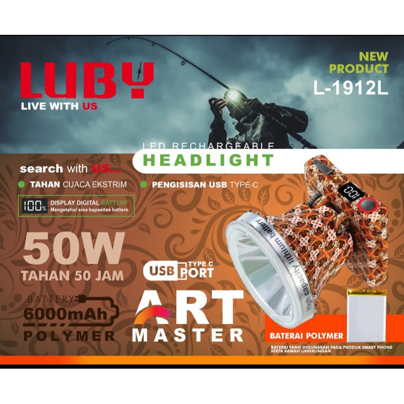 Senter Kepala Luby L-1912L Headlamp 50 Watt L1912L ART MASTER Pattern Cahaya Putih