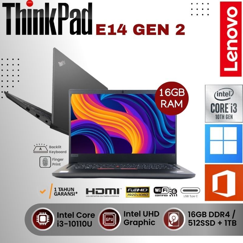 LAPTOP BARU LENOVO THINKPAD E14 | INTEL i3-10110 | 16GB RAM | SSD 512GB + 1TB HDD | INTEL UHD | LAYA