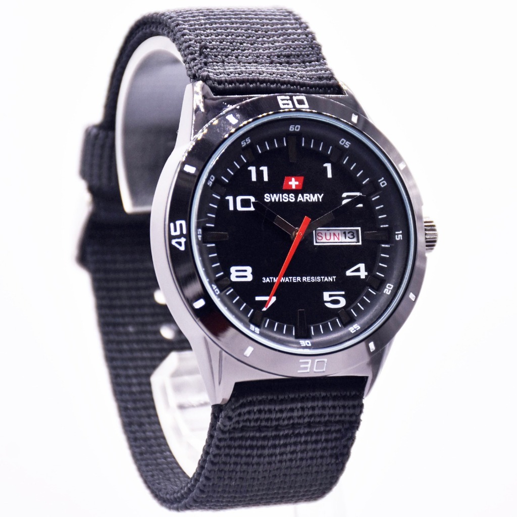 RINSSTORE Jam Tangan Pria Swis Armi Tali Kanvas Casing Hitam Tanggal Hari Aktif