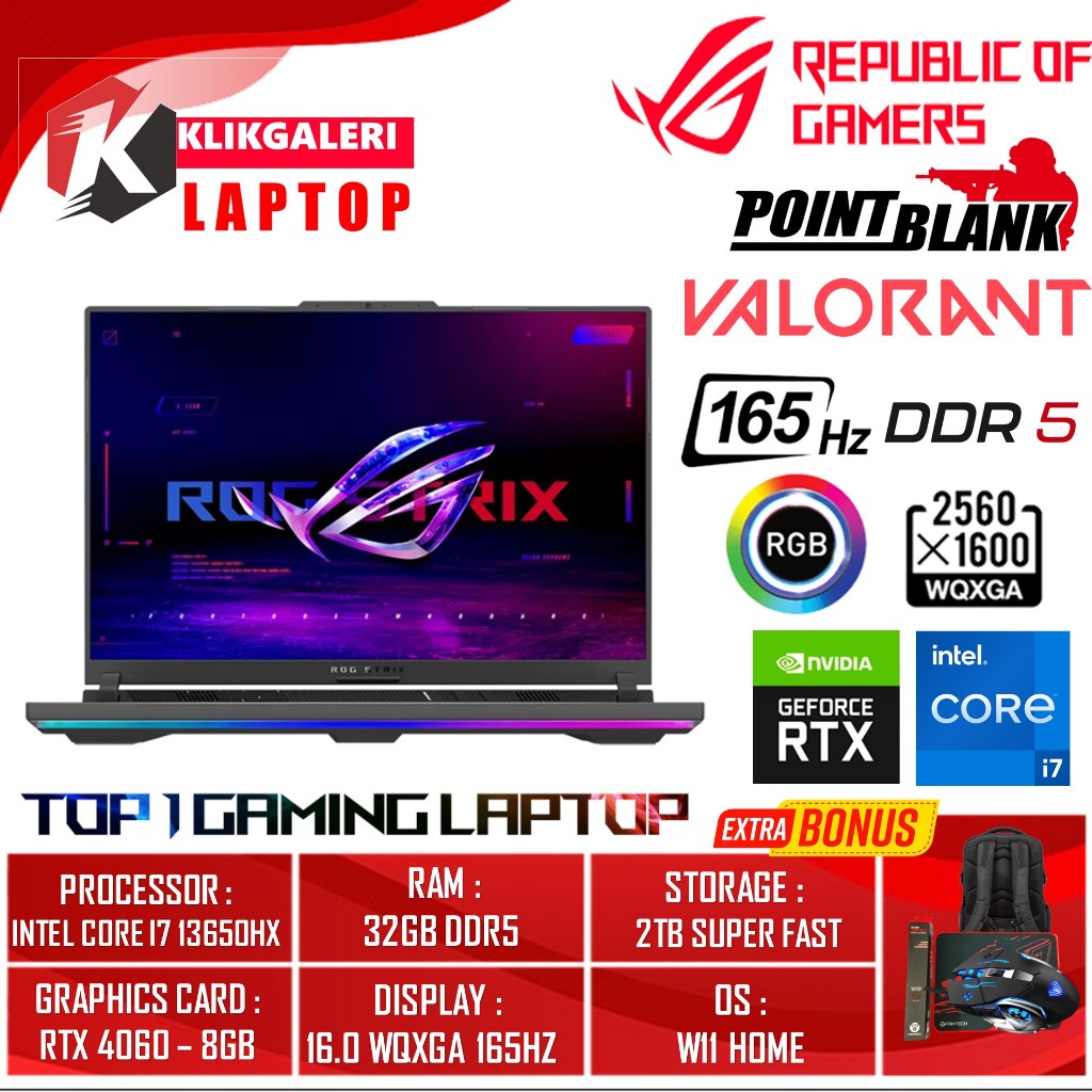 Promo Laptop Gaming Murah ASUS ROG STRIX G614JV INTEL CORE I7 13650HX RAM 16GB 32GB DDR5 512GB 1TB 2TB SSD RTX4060-8GB 16.0 RGB 165HZ WIN11HOME