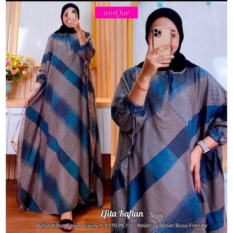 Kaftan Wanita - Daunda Kaftan Size Jumbo XXXXL Motif Daun Lengan Panjang Busui Resleting by Nadira_Fashion / Gamis Rayon Jumbo Kaftan Terbaru-Evita navy