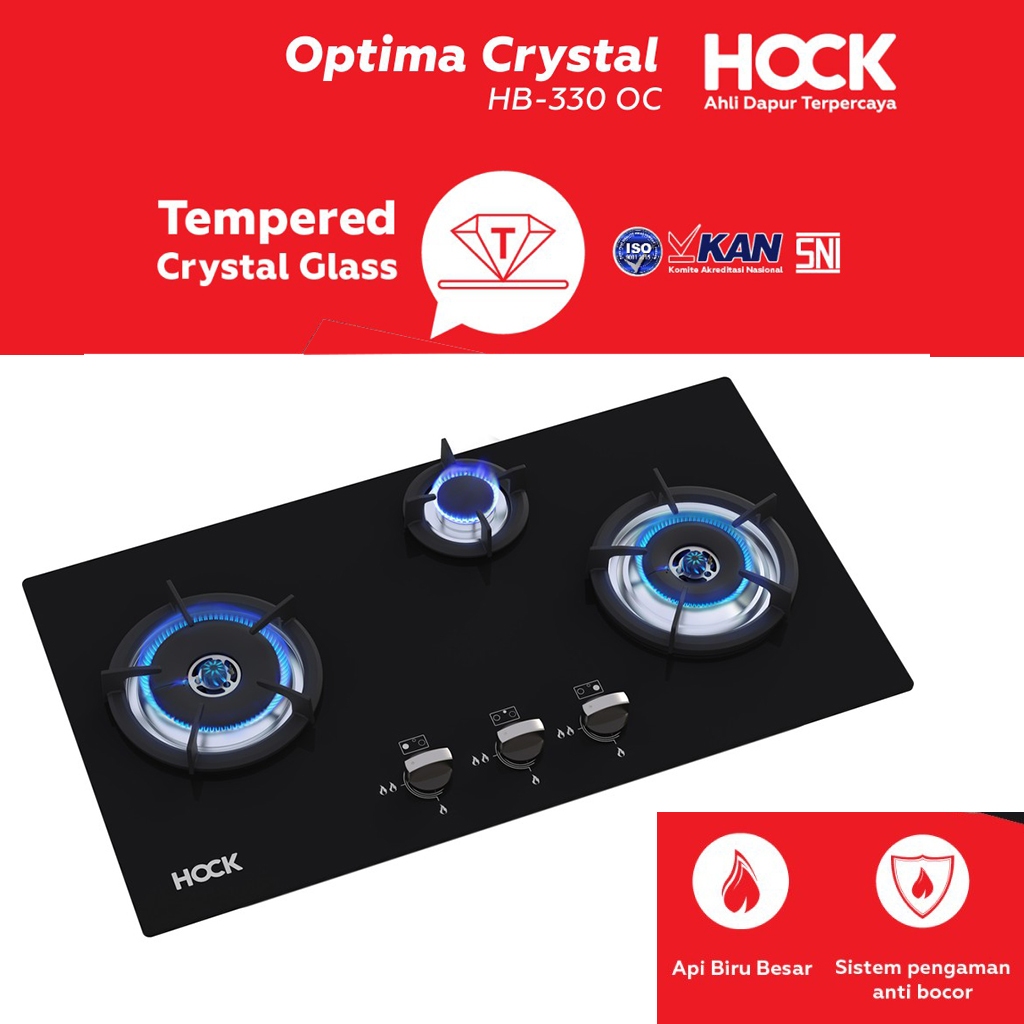 Kompor Gas Tanam Built-in-Hob 3 Tungku Hock Optima Crystal HB-330OC kompor tanam kaca kompor kaca