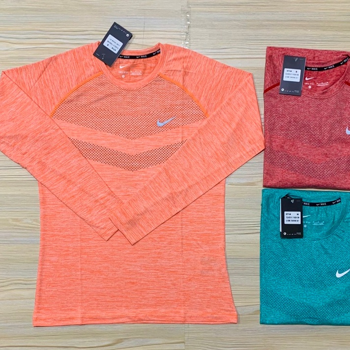 PROMO T-SHIRT NIKE KAOS IMPORT LENGAN PANJANG DRI FIT PREMIUM OLAHRAGA RUNNING ORANGE MERAH BATA MIN