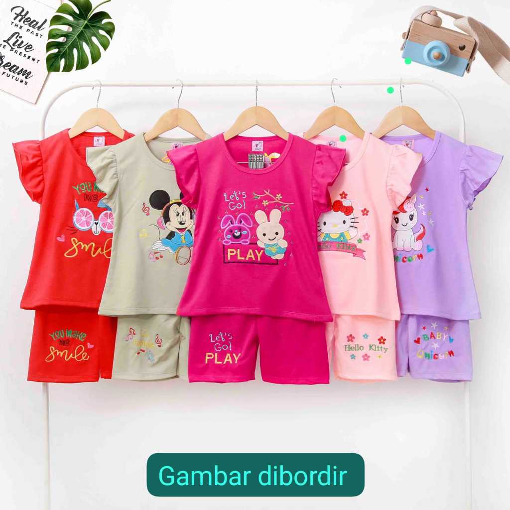 Stelan anak perempuan 2-9 tahun lengan pendek celana pendek/stelan bordir motif/one set anak