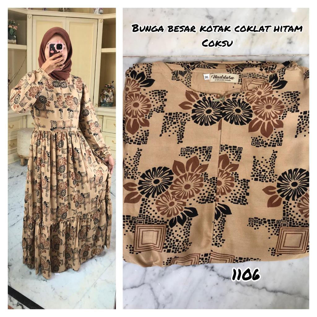 GAMIS RAYON MOTIF BUNGA BESAR KOTAK COKLAT HITAM (COKSU)