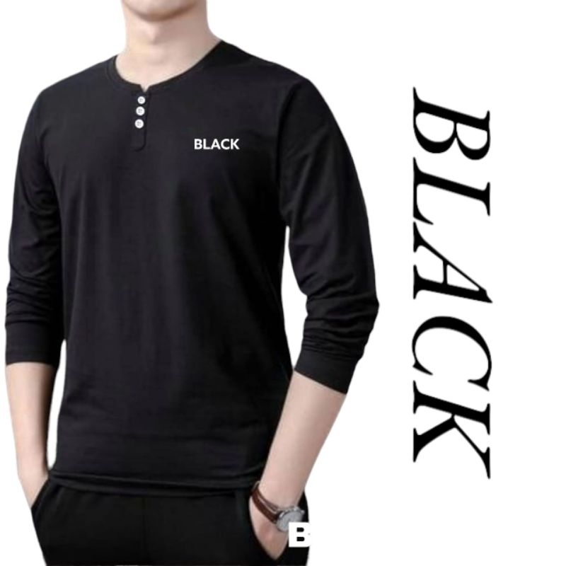 Kaos Kancing Depan Pria Lengan panjang / Atasan Pria Distro Kancing Tempel BLACK / Baju Pria Krah Be