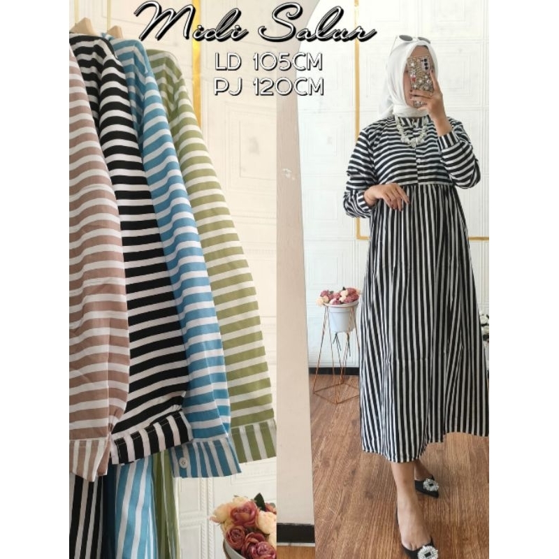 Midi Dress Terbaru Motif Salur Tunik Busui Muslim Kekinian