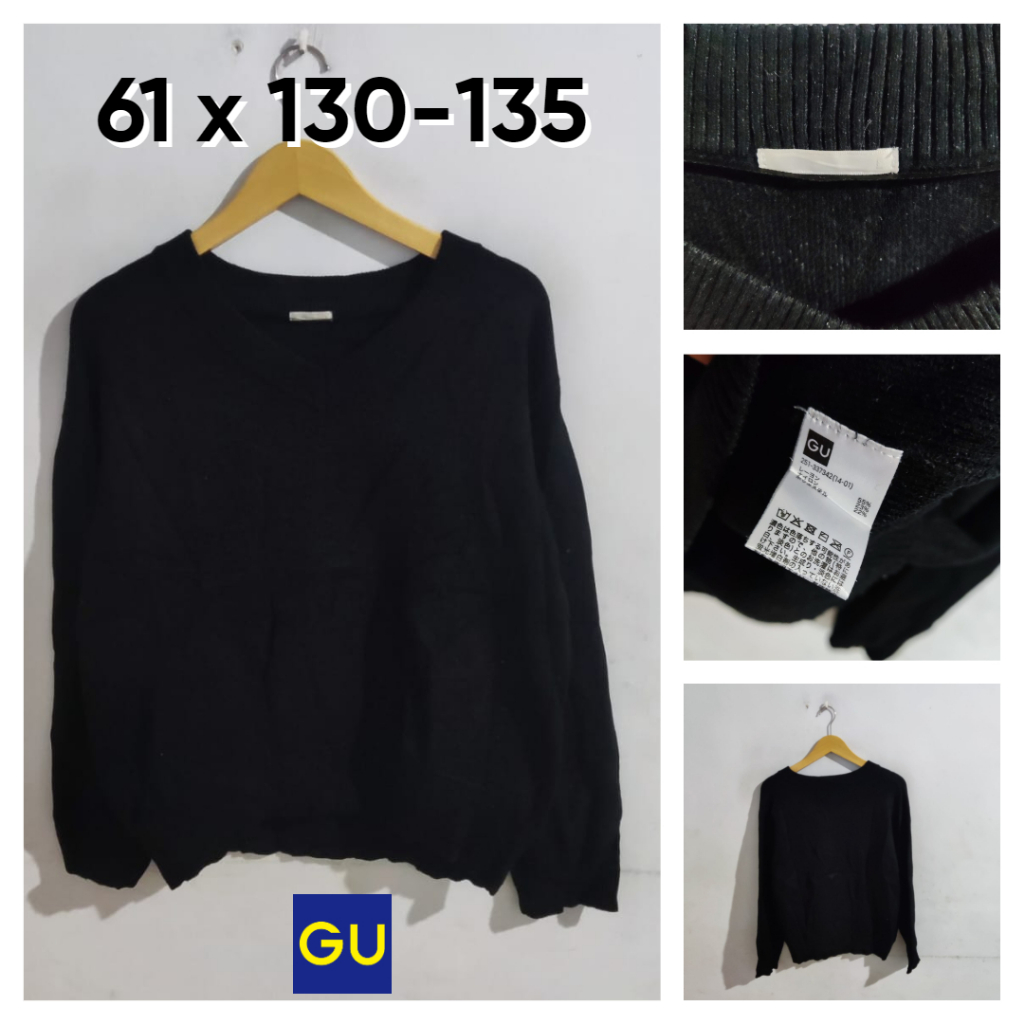 Sweater Tebal GU by Uniqlo Hitam V Neck Size L unsex Atasan Outer Cowok Cewek Sweatshirt Rajut MN191